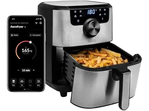 Freidora Princess 182037: Control móvil, 8 programas, 4.5L, 30 Recetas, Gris y Negro.