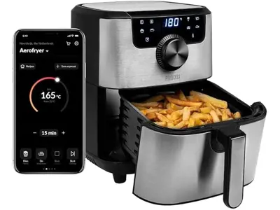 Freidora Princess 182037: Control móvil, 8 programas, 4.5L, 30 Recetas, Gris y Negro.